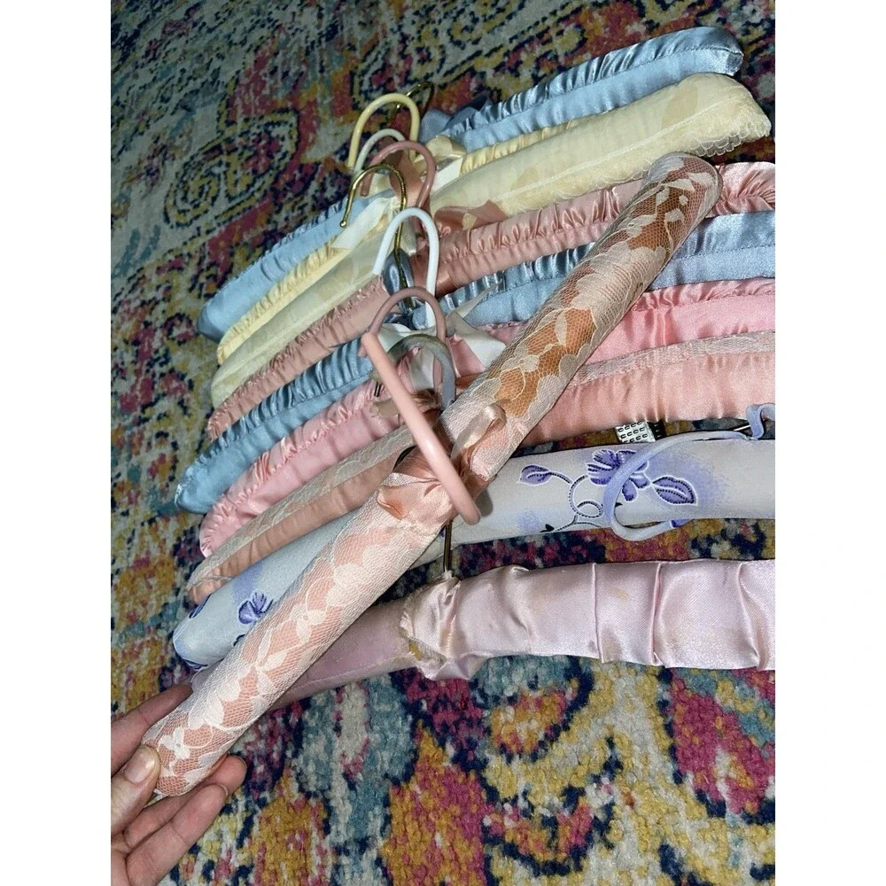 Vintage Padded Satin Traditional Clothes Hangers Lot, Multicolor Floral Coquette
